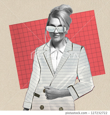 Abstract woman portrait with striped and checkered paper suit 127232722