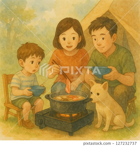 溫馨家庭露營吃火鍋｜親子時光 × 插畫風格 × 戶外料理樂趣 127232737