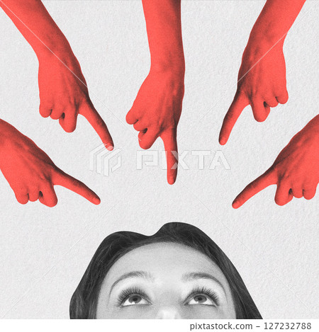 Abstract collage illustration of red hands showing to woman face Abstract collage illustration of red hands showing to woman face 127232788