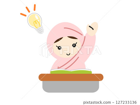A girl wearing a hijab has an idea and raises her hand 127233136