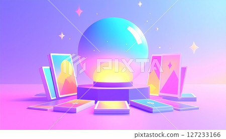 Colorful crystal ball and tarot cards arranged on a glowing platform with a dreamy background 127233166