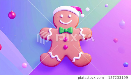 Brightly decorated Christmas man cookie sits cheerfully on a colorful background celebrating the holiday spirit and festive joy 127233199