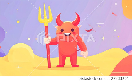 Cheerful cartoon devil with a pitchfork standing on colorful background in a playful atmosphere 127233205