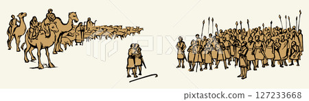 Vector drawing. Meeting of two tribes Vector drawing. Meeting of two tribes 127233668