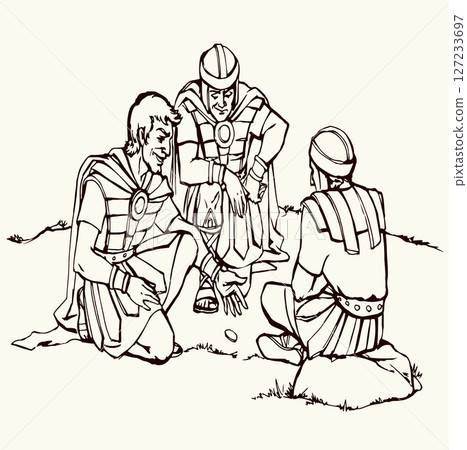 Vector drawing. Soldiers at the cross. Vector drawing. Soldiers at the cross. 127233697