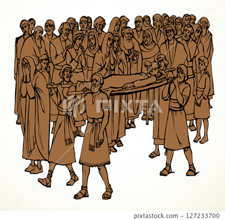 Vector drawing. Funeral of the son of a widow Vector drawing. Funeral of the son of a widow 127233700