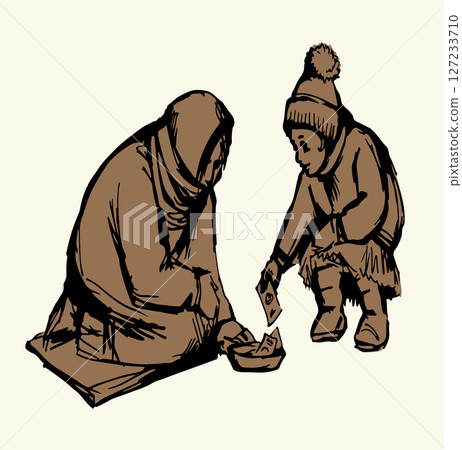 Vector Drawing. Girl Giving Alms to a Beggar Vector Drawing. Girl Giving Alms to a Beggar 127233710
