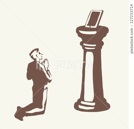 Vector drawing. Adult man worshiping Phone 127233714
