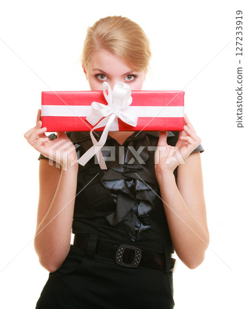 holidays love happiness concept - girl with gift box 127233919