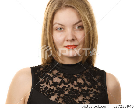Woman wearing black laced top Woman wearing black laced top 127233946