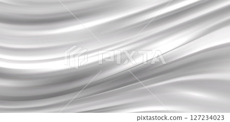 Smooth elegant White Silver satin texture abstract background. Luxurious flowing background design. Vector Drapery Wallpaper BG 127234023
