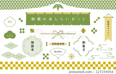 Japanese-style decoration. Japanese decoration. A set of Japanese modern frames and decorations with Japanese patterns. 127234058
