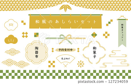 日式裝飾。日式裝飾。一組帶有日式圖案的日式現代框架和裝飾品。 127234059