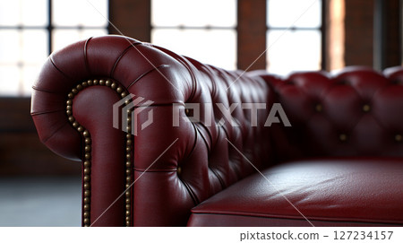 Close-up of red leather Chesterfield sofa with tufted upholstery. 127234157