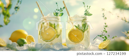 Refreshing Lemon Mint Drinks in Mason Jars with Ice - Banner Refreshing Lemon Mint Drinks in Mason Jars with Ice - Banner 127234199