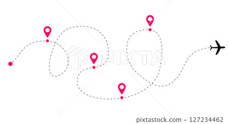 Aircraft flight path vector collection featuring dotted and dashed route lines with curved airplane trails and tracking connections for global travel and air navigation themed illustrations 127234462
