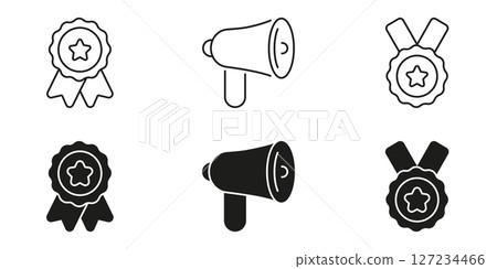 Award Ribbon, Megaphone, And Medal Icon Set. Recognition, Communication, And Achievement Symbol Collection. Celebratory And Announcement Elements. Isolated Vector Illustration 127234466