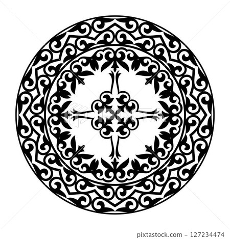 Black and white ethnic patterned plate. Geometric circle element for design. Gold Kazakh ornament. Element of the national pattern of the ancient nomads. For decoration of clothes, yurts, ceramics Black and white ethnic patterned plate. Geometric circle element for design. Gold Kazakh ornament. Element of the national pattern of the ancient nomads. For decoration of clothes, yurts, ceramics 127234474