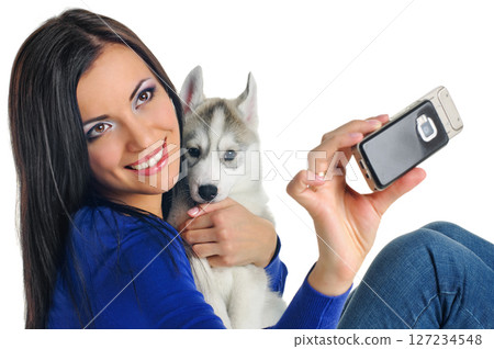 woman and puppy photo woman and puppy photo 127234548
