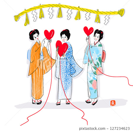 抱著心的和服少女的插圖 127234623