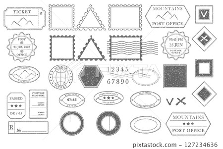 Blank postage rubber stamps. Mockup office stamp. Clean post postmark template. Vintage style sticker collection, travel destination mail, tourism, mountain, summer, sun theme. Vector illustration 127234636