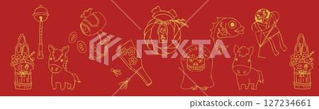 New Year's illustration material set, red background New Year's illustration material set, red background 127234661
