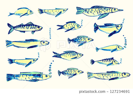 Crayon hand drawn set of various fishes. Doodle shapes in yellow. green and blue. Cute sea pattern. Marine kids school background. Chalk sketch elements on white background. Vector illustrations 127234691