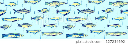 Crayon hand drawn seamless pattern with various fishes. Doodle shapes. Cute sea bg Marine kids school background. Chalk sketch elements on white background. Vector illustrations 127234692