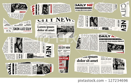 Trendy torn newspaper pieces. Collage halftone elements. Jagged edges. Old paper clipping set. Vintage grunge style concept. Isolated background. Trendy design template. Vector illustration Trendy torn newspaper pieces. Collage halftone elements. Jagged edges. Old paper clipping set. Vintage grunge style concept. Isolated background. Trendy design template. Vector illustration 127234696
