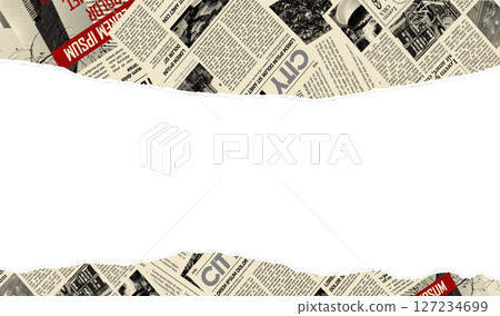 Torn newspaper border banner. Jagged edges. Collage halftone elements. Frame and place fo text. Concept from paper scraps on white background. Trendy design template. Vector illustration 127234699