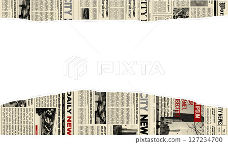 Torn newspaper border banner. Jagged edges. Collage halftone elements. Frame and place fo text. Concept from paper scraps on white background. Trendy design template. Vector illustration Torn newspaper border banner. Jagged edges. Collage halftone elements. Frame and place fo text. Concept from paper scraps on white background. Trendy design template. Vector illustration 127234700