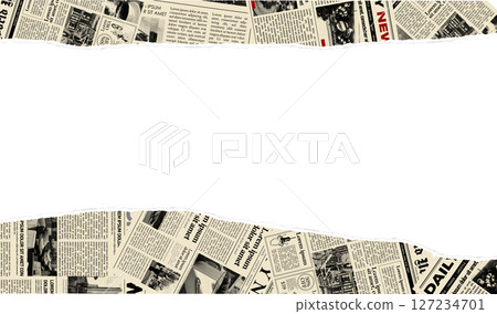 Torn newspaper border banner. Jagged edges. Collage halftone elements. Frame and place fo text. Concept from paper scraps on white background. Trendy design template. Vector illustration 127234701