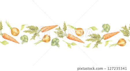 Orange carrots, yellow onions, and green broccoli are arranged in a seamless pattern horizontal watercolor illustration. Perfect for wrapping paper, food blog headers, or eco-friendly branding Orange carrots, yellow onions, and green broccoli are arranged in a seamless pattern horizontal watercolor illustration. Perfect for wrapping paper, food blog headers, or eco-friendly branding 127235341