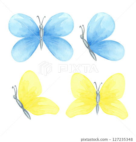 Blue, yellow, butterflies hand-painted in watercolor illustration. Pastel hand drawn gentle clipart for spring-themed stickers, printable crafts, stationery sets, or gift tag designs 127235348