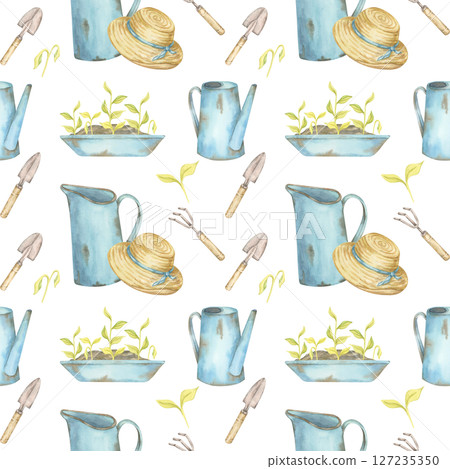 Sprouting plants, blue pitchers, hand tools, and straw hats in watercolor clipart. Gardening seamless pattern, ideal for planner inserts, wrapping paper, and garden-themed packaging 127235350