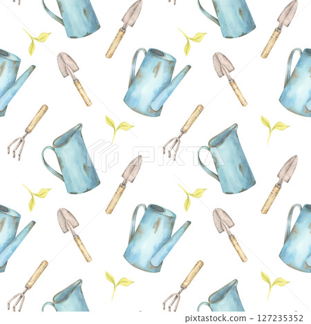 Pale blue watering cans and hand tools repeat in a light seamless pattern design. Gardening watercolor clipart suitable for wallpaper, eco-labels, or branding of sustainable lifestyle products 127235352