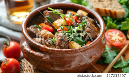A hearty Malagasy romazava, a traditional beef stew simmered in a clay pot with tomatoes, mixed greens, and a rich broth 127235397
