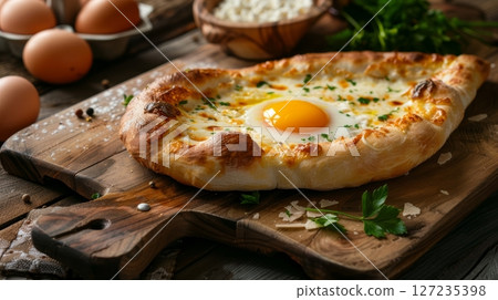 A golden Georgian khachapuri, cheese-filled bread with a baked egg in the center, served on a traditional wooden paddle. 127235398