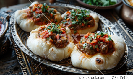 A Libyan bazin, a traditional dish featuring a mound of hard dough served on a tray with spicy tomato sauce, meat, and vegetables. 127235403