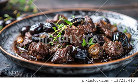 A rich Croatian pasticada, slow-braised beef stewed in wine and prunes, served on a traditional ceramic plate. 127235410