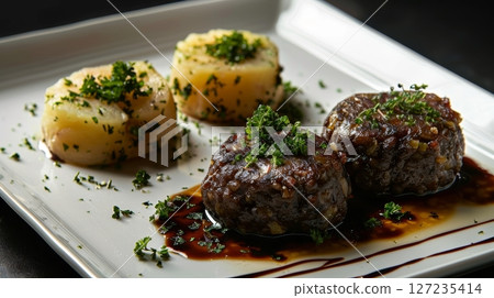 A classic Scottish dish: haggis, a savory pudding of sheep's offal, served with mashed neeps turnips and tatties potatoes on a white platter. 127235414