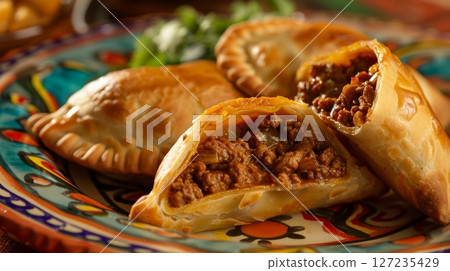 Bolivian saltenas, savory baked pastries with a spicy meat filling, on a colorful ceramic plate. A delicious and traditional Bolivian treat. 127235429