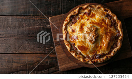 A delectable Australian meat pie served on a rustic wooden board, showcasing a flaky crust filled with savory minced meat and rich gravy. Perfect for a hearty meal. 127235434