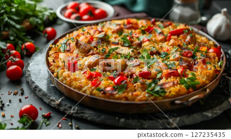 Palestinian maqluba, a stunning upside-down rice cake with tender chicken and colorful vegetables. A flavorful and authentic dish, perfect for gatherings. 127235435