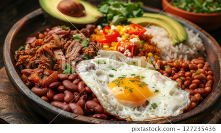 A vibrant Colombian bandeja paisa: rice, beans, pork, fried egg, avocado, and all the flavors of Colombia on a single platter. A vibrant Colombian bandeja paisa: rice, beans, pork, fried egg, avocado, and all the flavors of Colombia on a single platter. 127235436