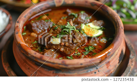 Pakistani nihari - a slow-cooked beef stew bursting with flavor, simmered in a clay pot for a rich and comforting meal. Pakistani nihari - a slow-cooked beef stew bursting with flavor, simmered in a clay pot for a rich and comforting meal. 127235438
