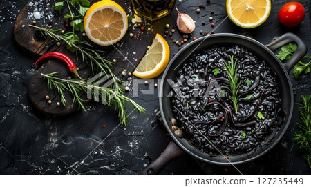 Croatian crni rizot - a stunning black risotto bursting with seafood flavor, colored with squid ink. A Dalmatian specialty. Croatian crni rizot - a stunning black risotto bursting with seafood flavor, colored with squid ink. A Dalmatian specialty. 127235449
