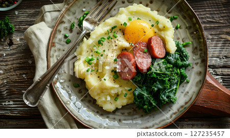 A traditional Dutch dish, stamppot, served on a plate. It's a hearty meal of mashed potatoes mixed with kale and complemented by a smoked sausage. 127235457