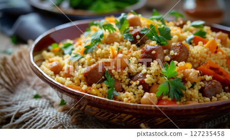 Algerian couscous, a flavorful stew with steamed semolina, vegetables, chickpeas, and spicy merguez sausage, served in a large bowl. A hearty Algerian classic. Algerian couscous, a flavorful stew with steamed semolina, vegetables, chickpeas, and spicy merguez sausage, served in a large bowl. A hearty Algerian classic. 127235458