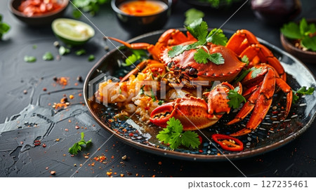 Singaporean chili crab, a signature dish of stir-fried crab in a rich and spicy tomato chili sauce, served with fresh herbs. A must-try for seafood lovers. 127235461
